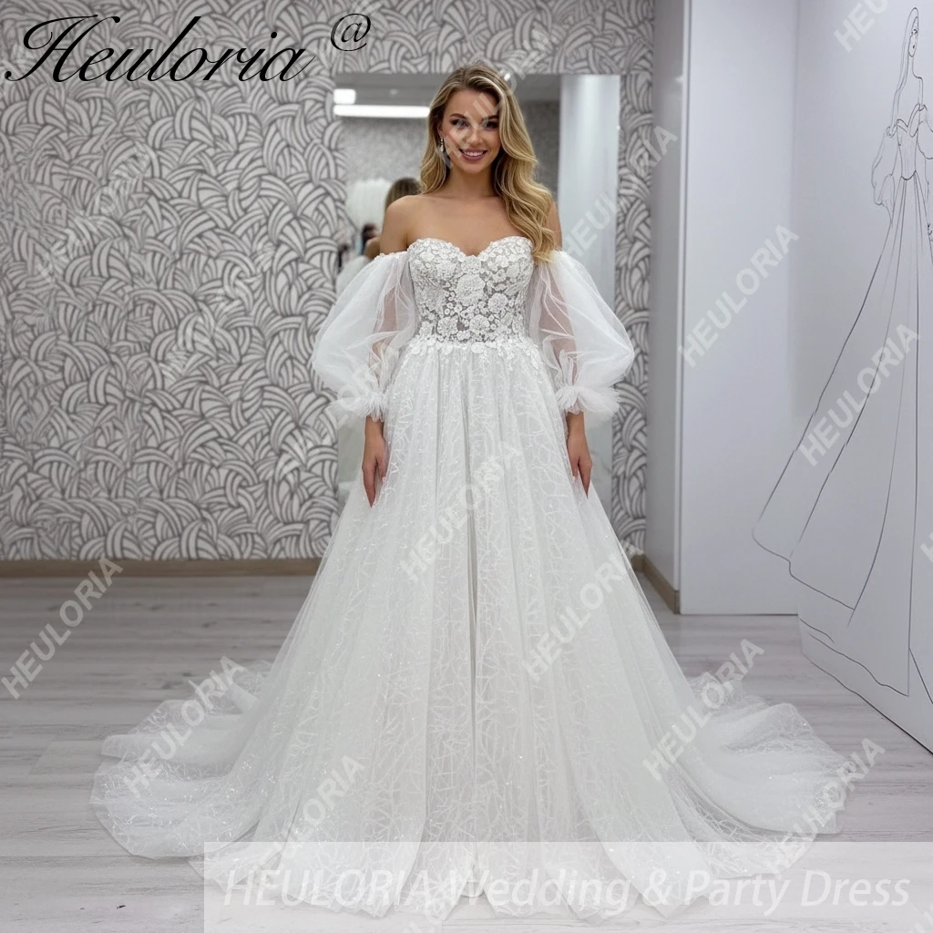 

Элегантное свадебное платье ALine с открытыми плечами, блестящее кружевное платье невесты с пышными рукавами, большие размеры, robe de mariee