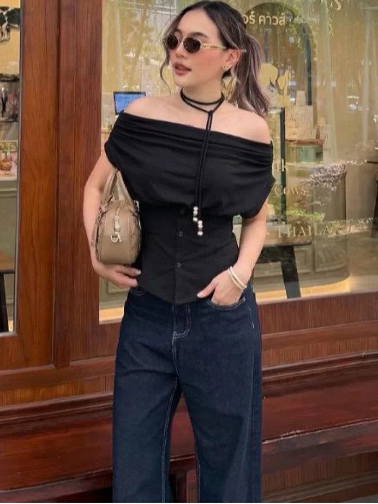 Solid Color Off Shoulder Halter Tops Women Ruched Front Button Detail Slim Fit Y2k Crop Blouse Lady Chic Street Wears 2026 New