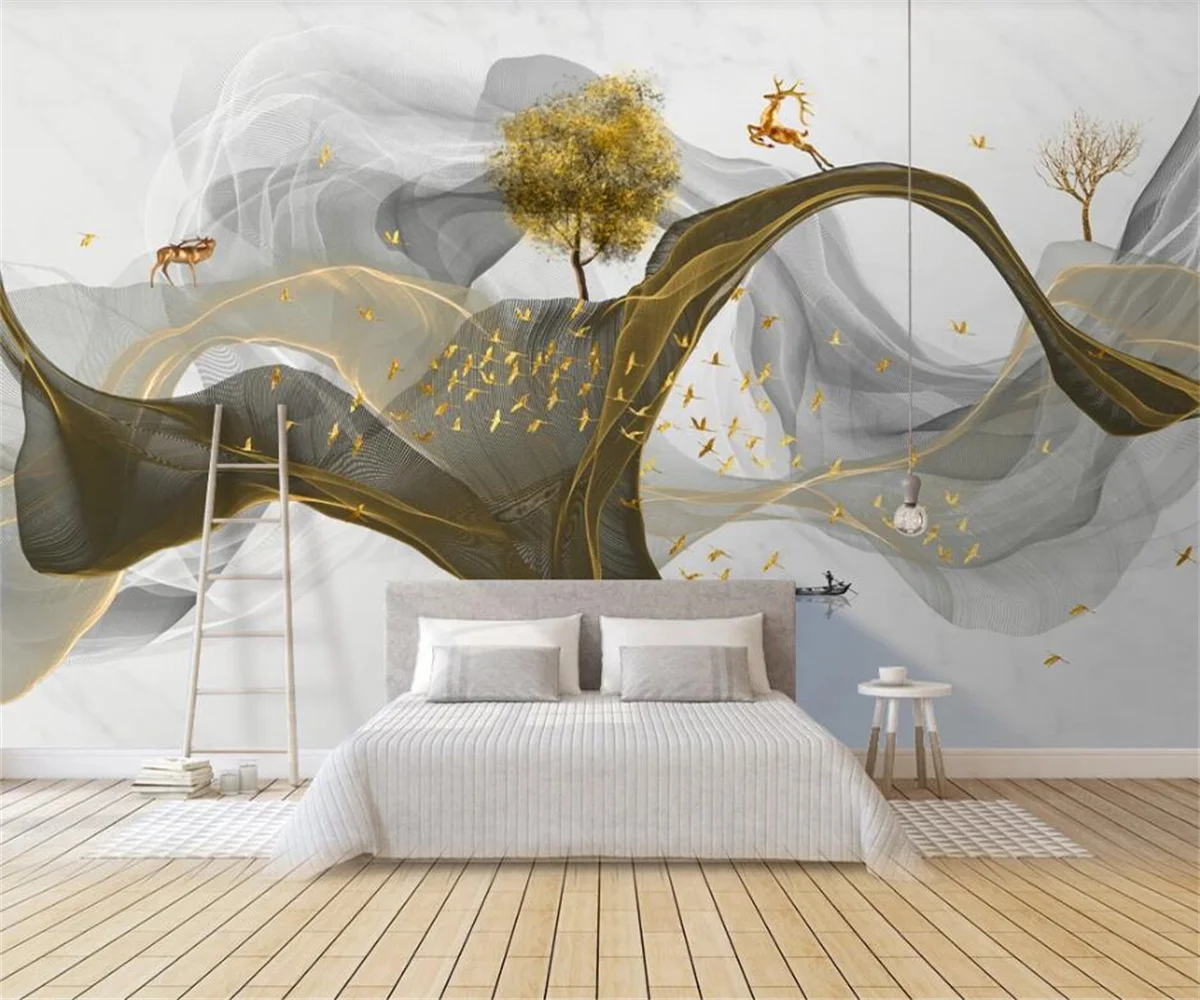 Customized Size Wallpaper Lines Mountain Trees Mural Abstract Art Mountain Birds Sun Decoration Painting Background 3d mural
