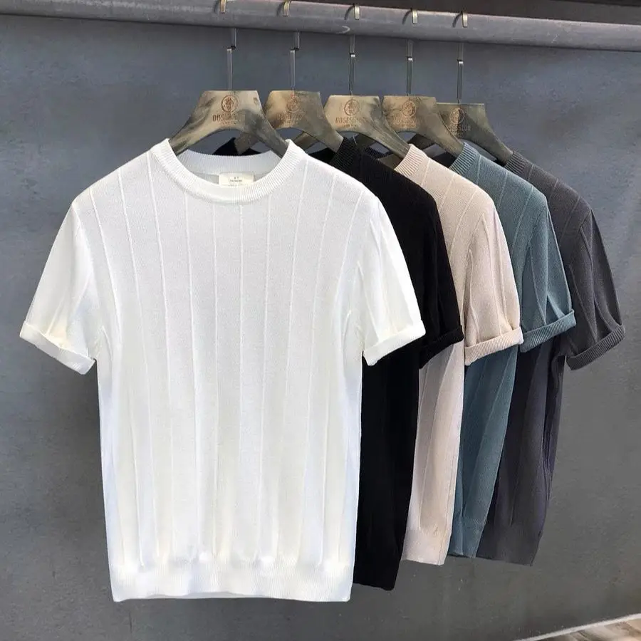 

Men 2023 Summer New Solid Color Fashion T-shirt Men Knitted Short Sleeves Top Men's O-neck Short Sleeve Slim Knit Tees F92