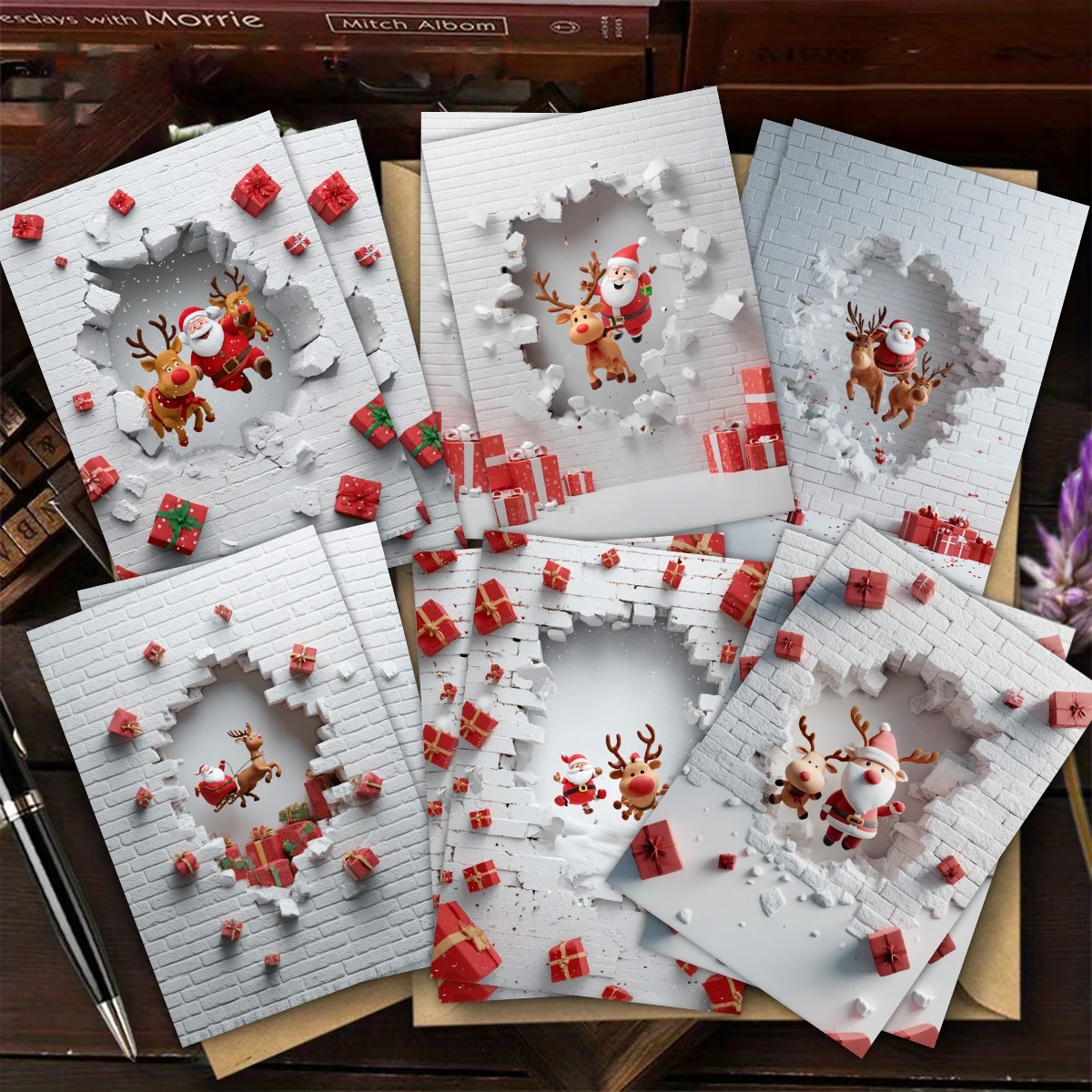 6/12Set Weihnachtswand, Weihnachtsmann, Rentier, Grußkarten mit Umschlägen, gefaltet, 9 x 13 cm, für Familie, Freunde, Pop-Up, lustig, glitzernd