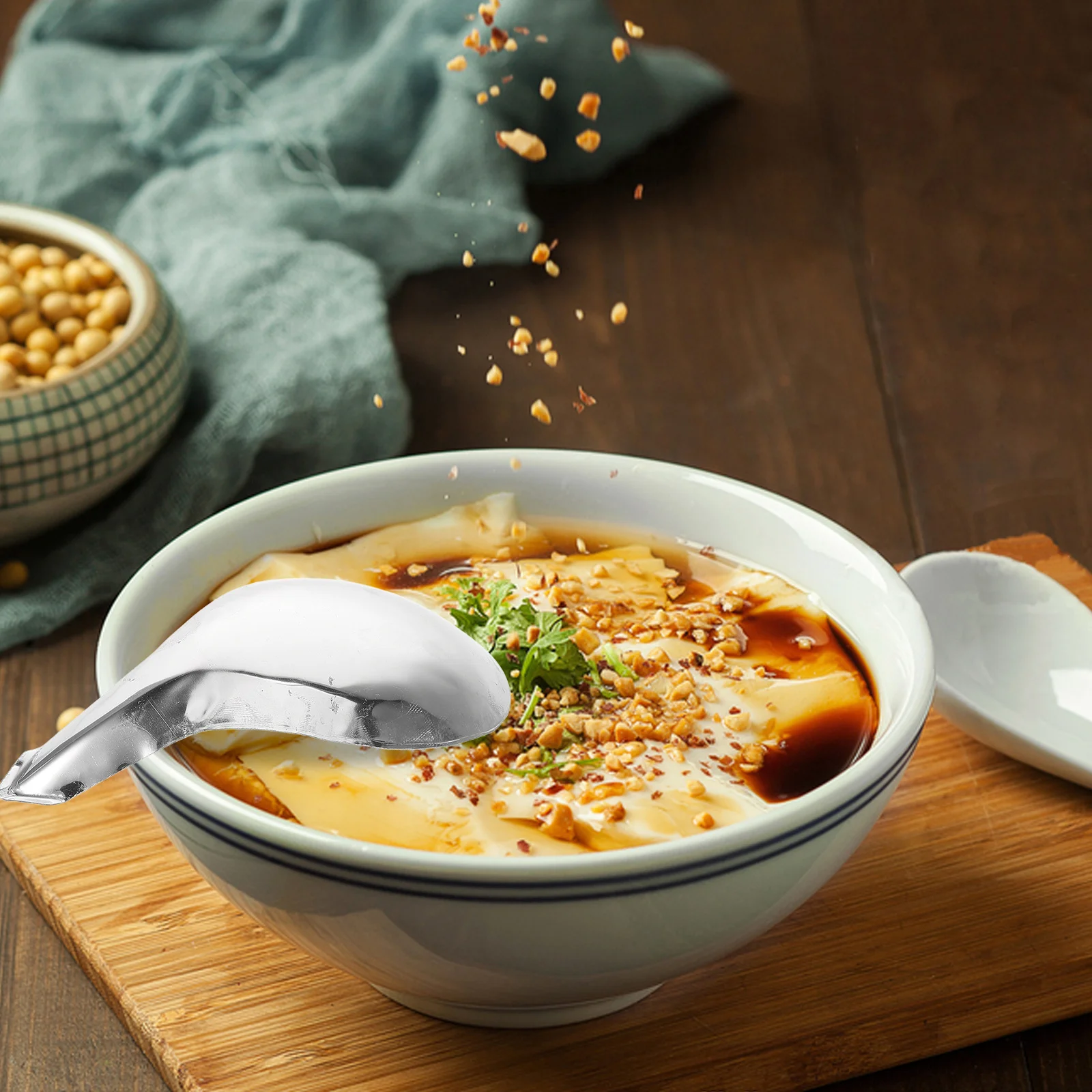 Concha de Tofu de acero inoxidable, cuchara de fondo plano con mango corto para arroz, Tofu, cerebro, gelatina de frijoles, servicio de cocina asiática