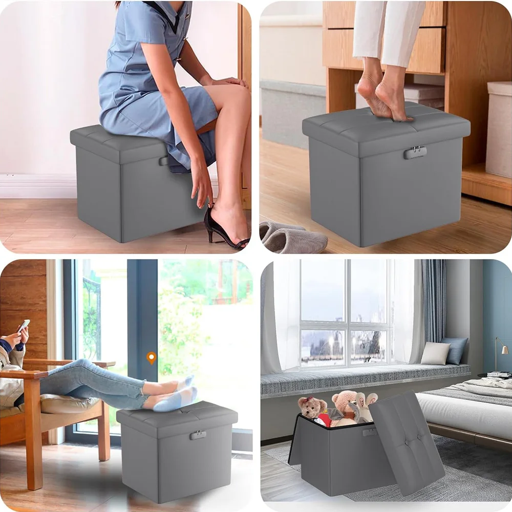 Large Capacity Storage Stool Foldable Footstool with Handle on Top with Combination Lock Zipper Multi Functional Organizer Box