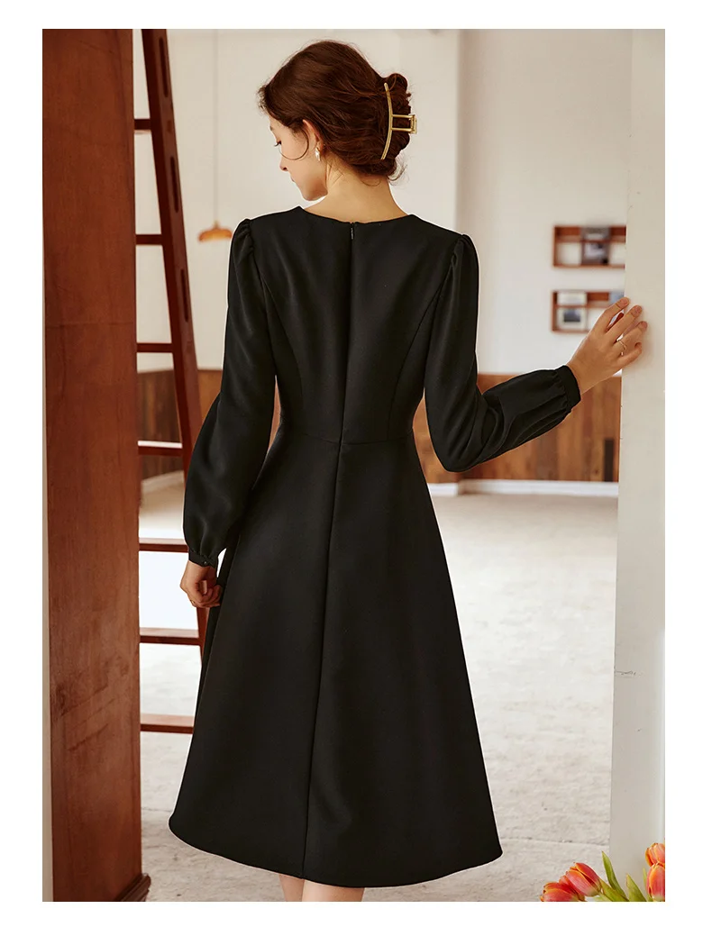 OLrain Black Hepburn Style Black Dresses Women 2025 Spring Summer Spliced Chic Bow V Neck Long Sleeve Elegant Dress O21QL55631