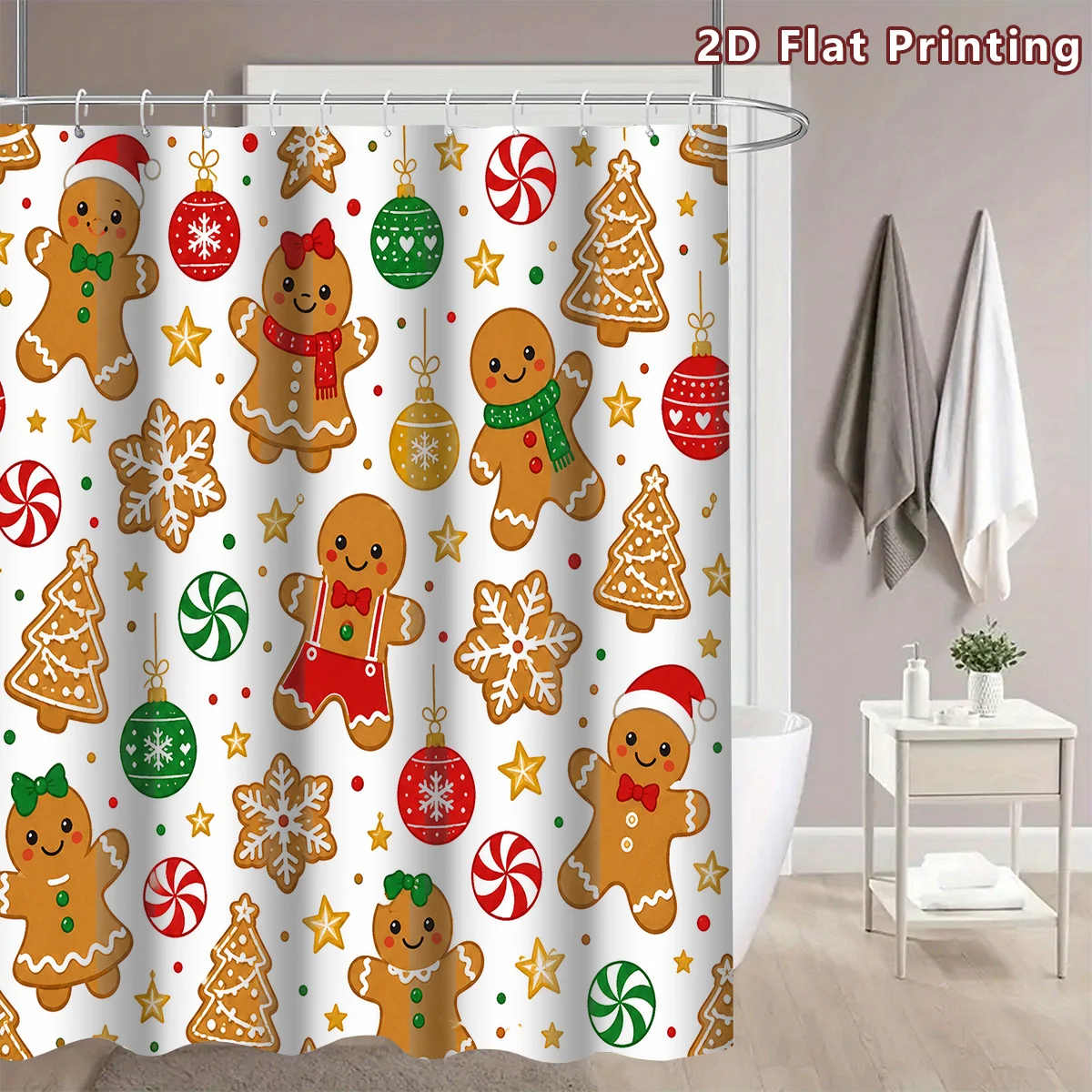 Cute Christmas Shower Curtain, Cartoon Gingerbread Men, Candy Ornaments & Snowflakes Print, Washable Bathroom Decor Curtain