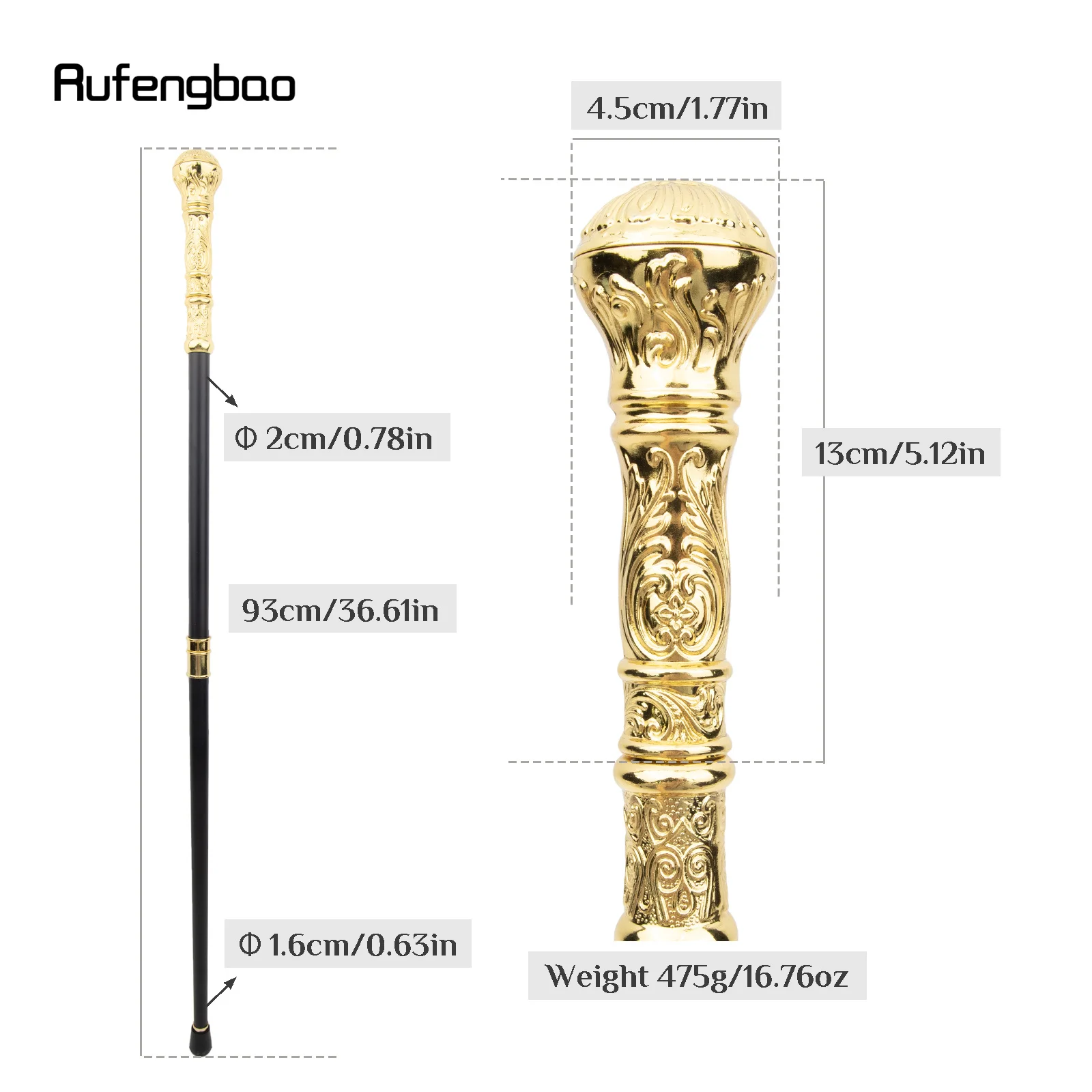 Golden Luxury Round Handle Fashion Stick For Party Decorative Cane Elegant Crosier Knob Stick Performance Stage Cane 93cm