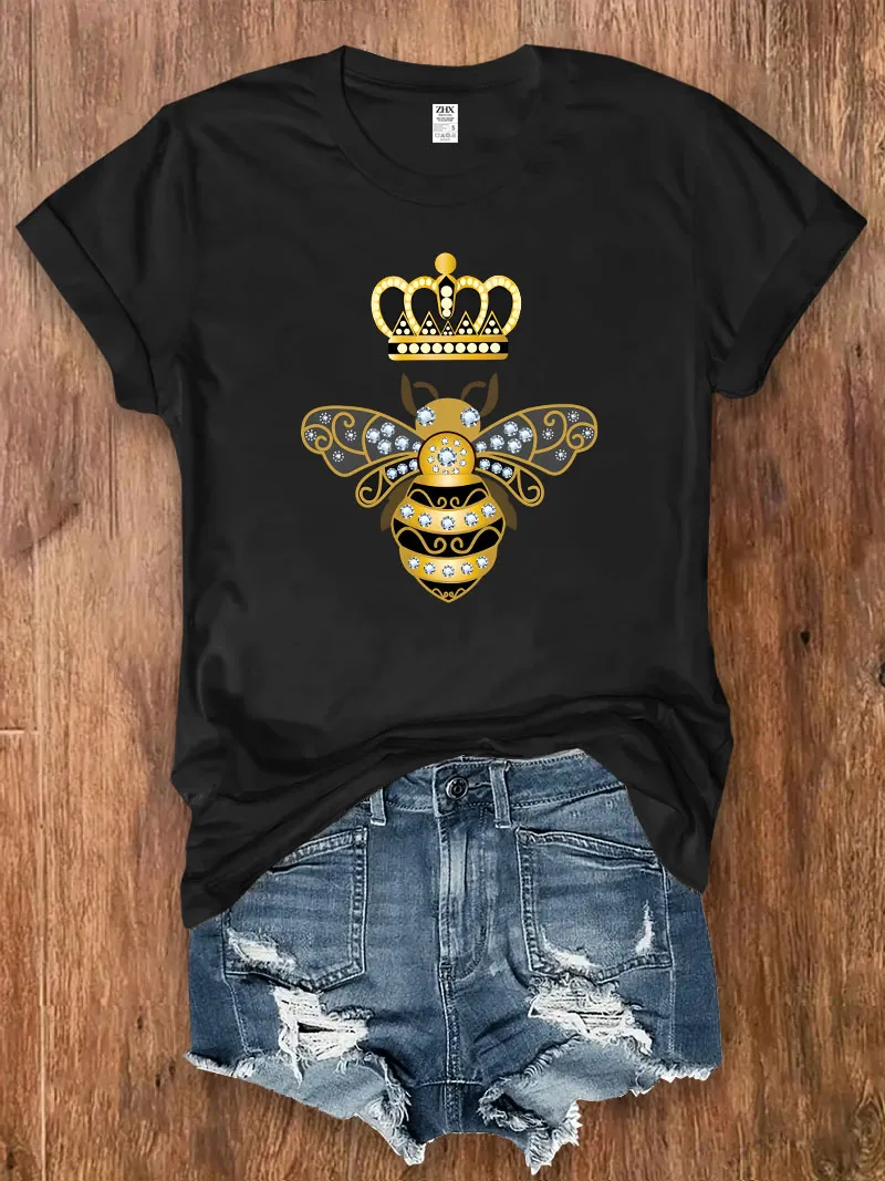 เสื้อยืดแขนสั้นสีดำสำหรับผู้หญิงฤดูร้อน |   คราวน์แอนด์บีพิมพ์ |   นุ่มสบายสำหรับการออกนอกบ้านแบบสบายๆ/งานปาร์ตี้ |   ของขวัญ