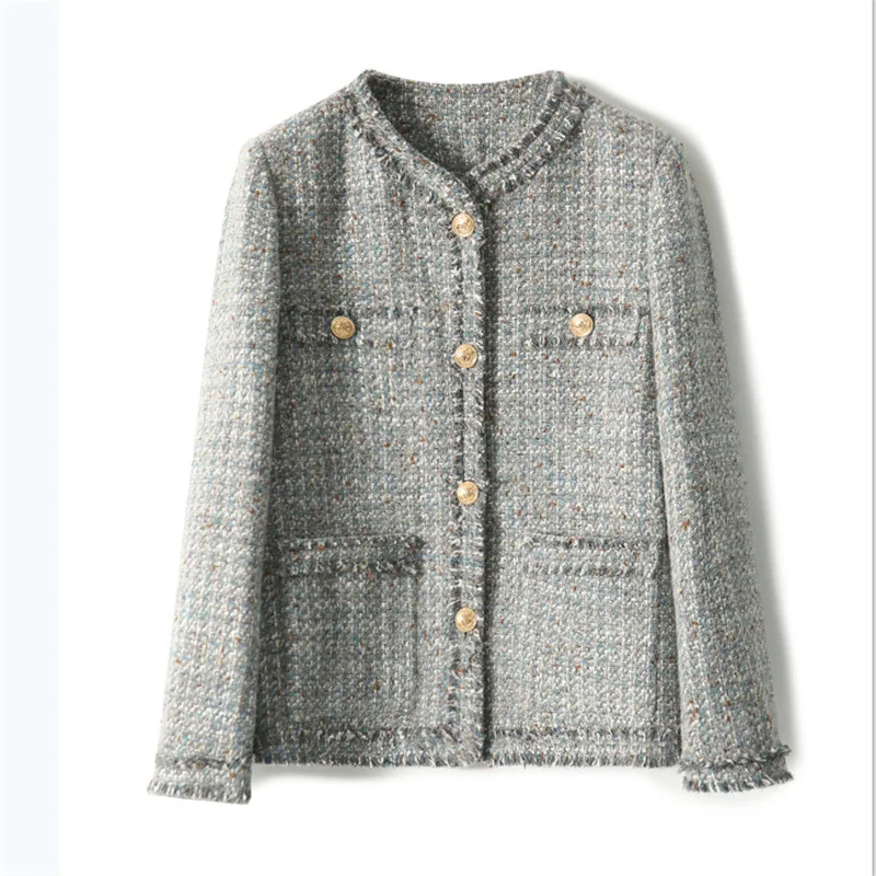 

Tweed Jacket Light blue spring / autumn /winter women's jacket coat classic ladies wild ladies bright wire braided tweed jacket