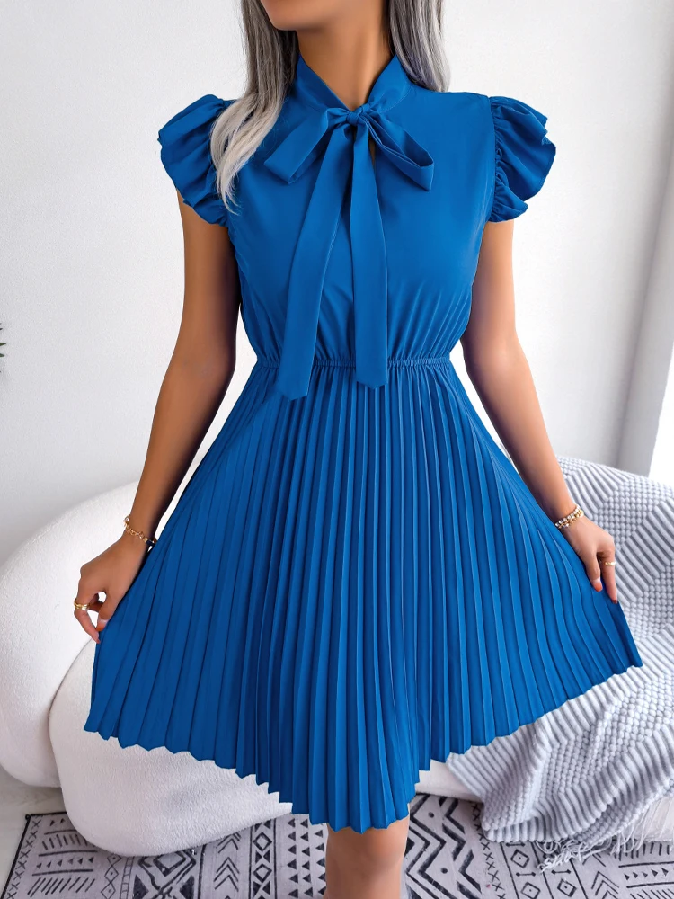 

2023 New Women Mini Summer Dress Elegant Lace Up High Waist Large Fold Dress For Ladies Bow Collar Solid Color Pleated Dresses