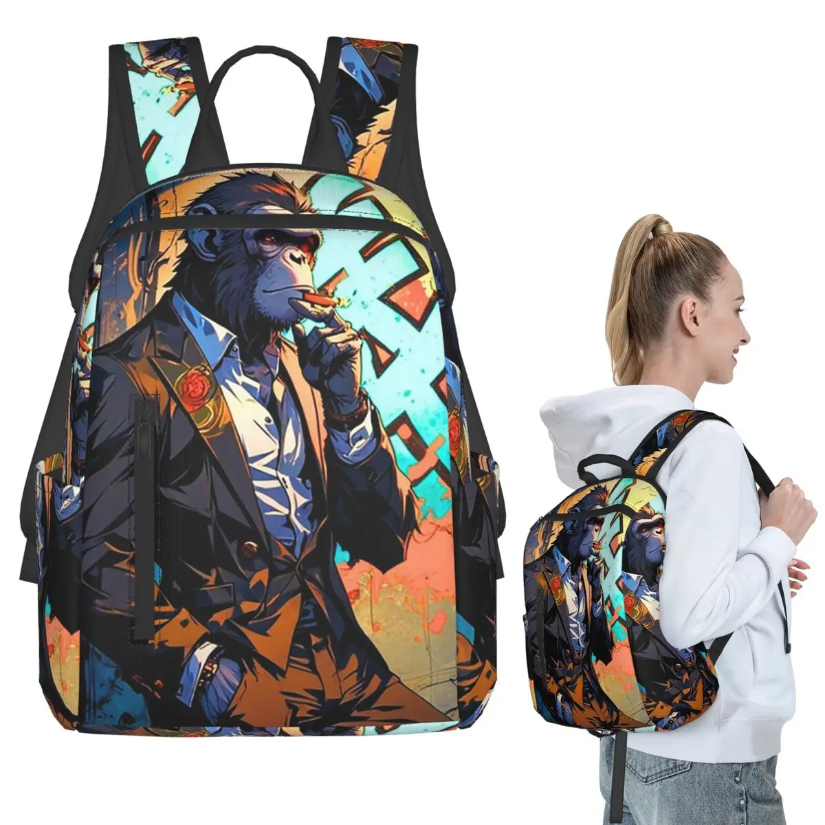 Gentleman's Smoking Monkey Print Backpack Student BookBag Kids School Bag Laptop Shoulder Bags Men Women