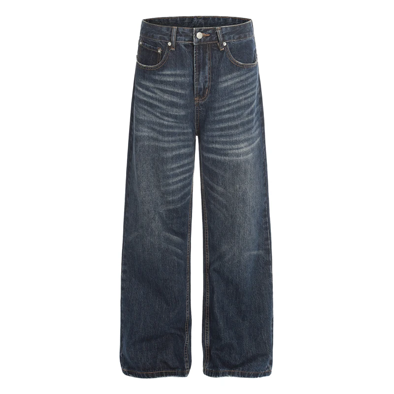 

American Style Washed Moustache Effect Men's Jeans High End Loose Straight Wide Leg Trousers Trendy Denim Jeams Chic
