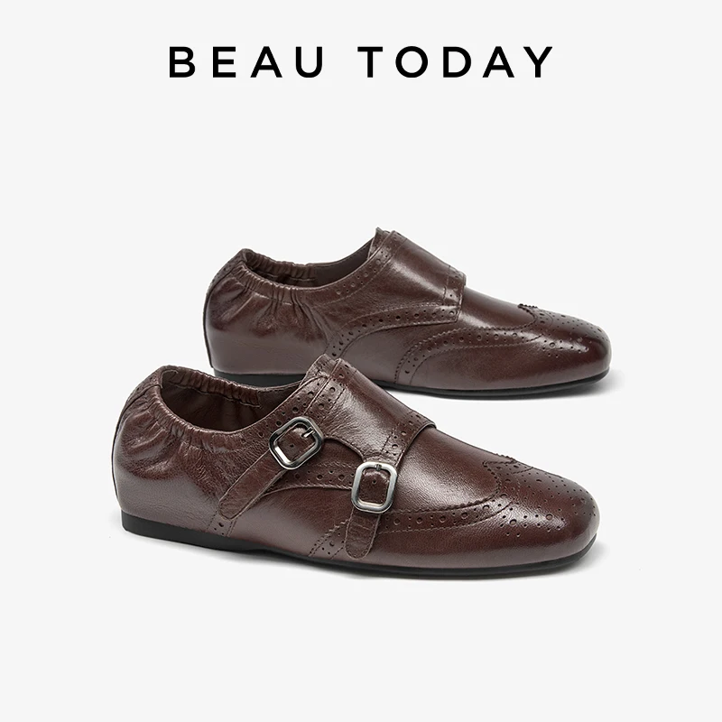 BEAUTODAY Classical Monk Shoes Women Sheepskin Solid Color Round Toe Brogue Style Flats Look Hoop Ladies Shoes Handmade 27989