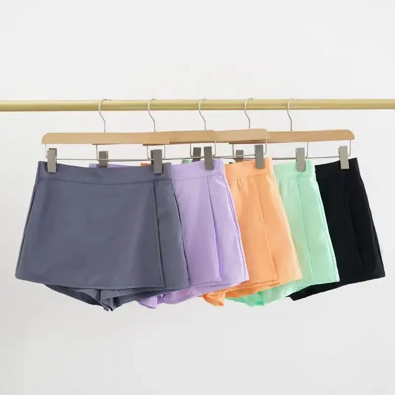 Lemon-pantalones cortos de cintura alta para mujer, falda tejida ligera, sensación fresca, pantalones cortos de Yoga con bolsillo de abertura lateral