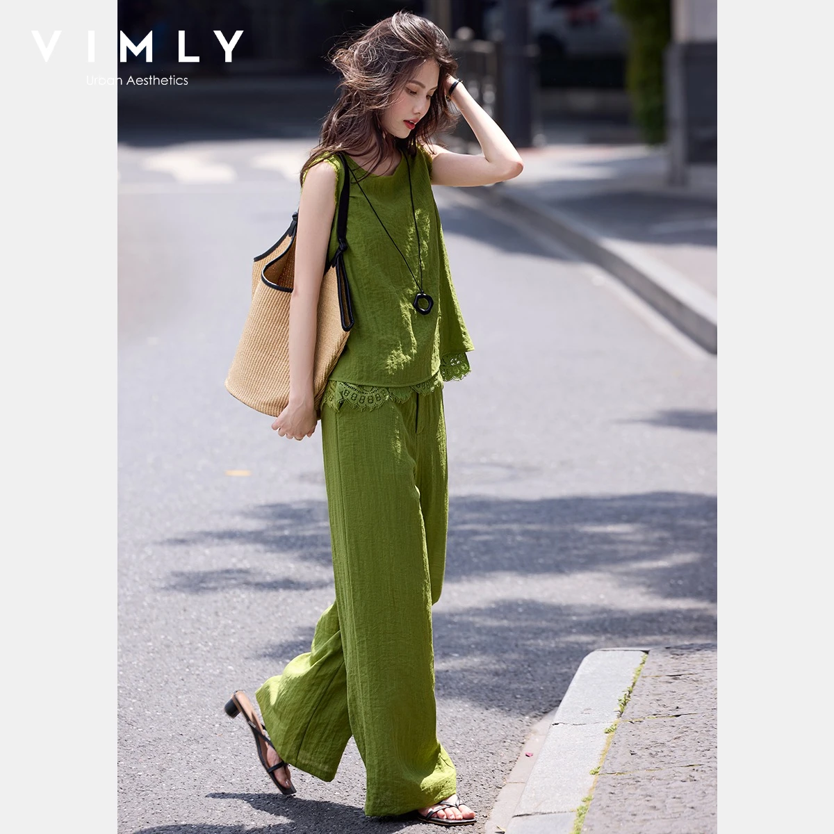 Ensemble deux pièces décontracté VIMLY pour femme, style estival décontracté, vert, nouveau modèle 2026, haut sans manches et pantalon large, tenue décontractée pour femme 31299