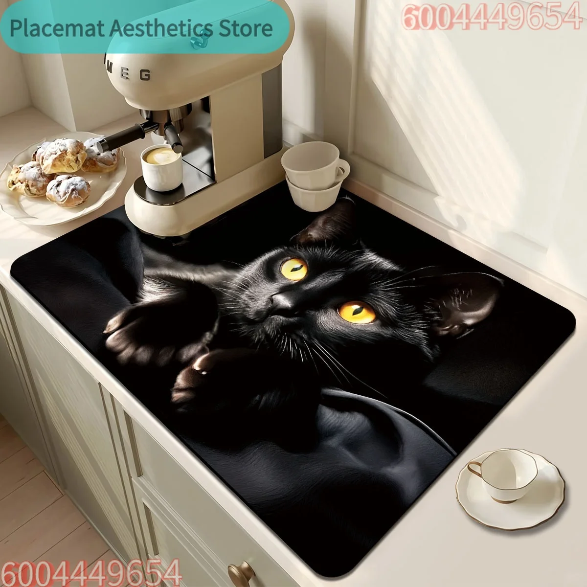Eine Trockenmatte mit schwarzem Katzenmotiv, geeignet für Kaffeemaschinen, zum Abtrocknen von Geschirr, schnell trocknende, saugfähige Matte für Küchenspülen, Kaffeemaschinen.