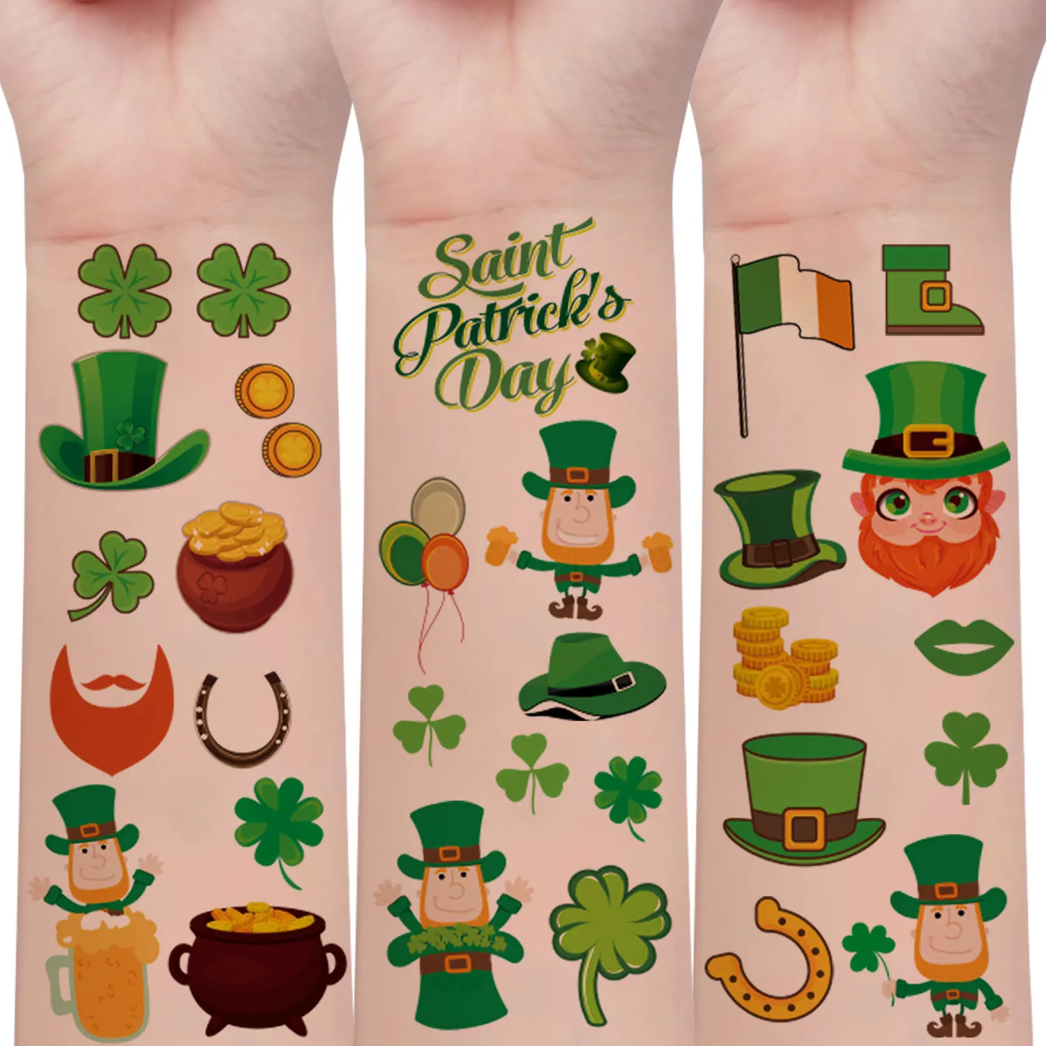 10 Sheets St. Patrick's Day Temporary Tattoos - Clover Green Hat Short Demon Beer Element Pattern Fake Tattoo Stickers for Party