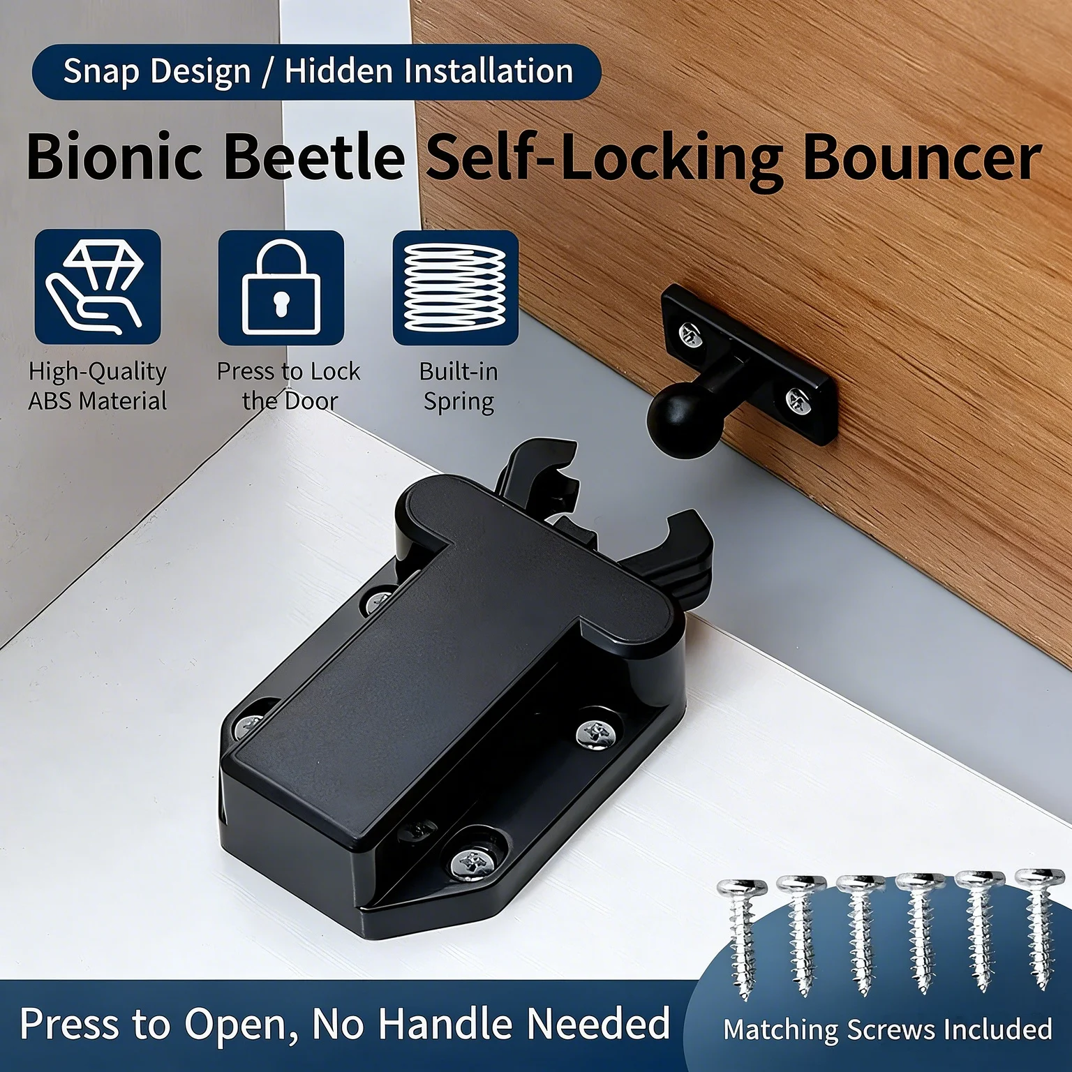 Press Type Cabinet Door Self-Locking Catch, Beetle Spring Cabinet Touch Latch Plastic No Handle Cabinet Door Lock