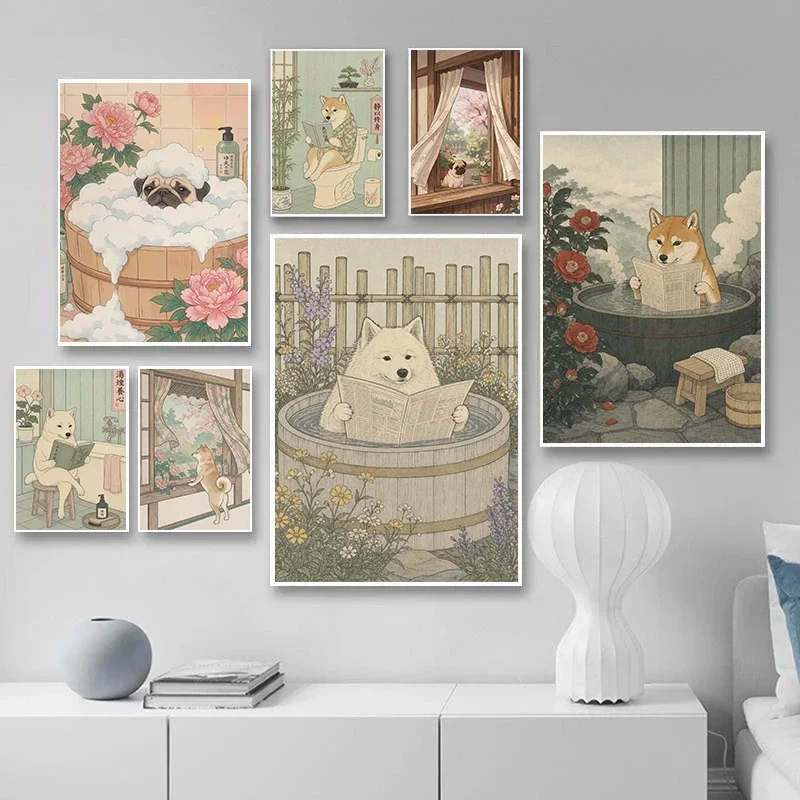 Multiple sizes 1pc frameless Canvas Painting,Cozy Dog Bath Time Shiba Bubble Read Poster Japanese Style Shiba Kitchen Prints Can