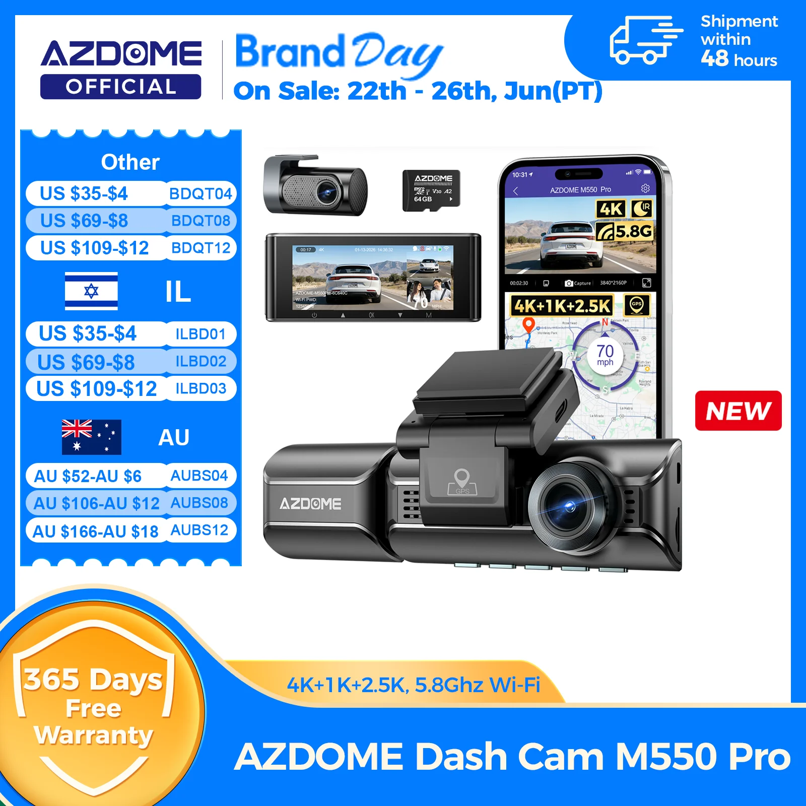 업그레이드 AZDOME M550 프로 대시캠 4K 전방 대시캠 자동차 5.8GHz 와이파이 GPS G-센서 차량용 DVR 6 ...