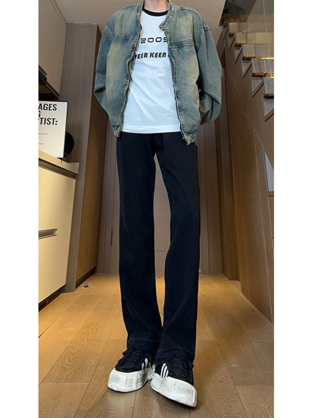 

Bla Zipper Slim Straight Leg Men's Jeans High Rise Street Sle Spring Autumn Wear Resistant Cotton Straight Tube Trousers