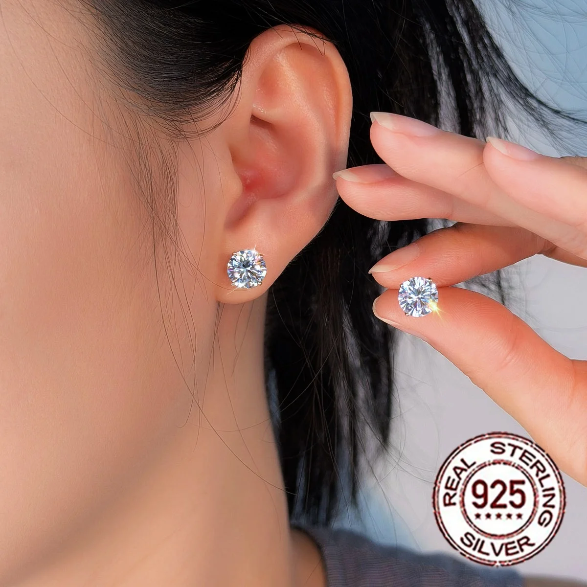 CWWZircons Vergoldete 925 Sterling Silber D-Farbe VVS1 Runde Moissanit Ohrstecker 3-8MM Hypoallergener Schmuck Party ME011 – Detail 3
