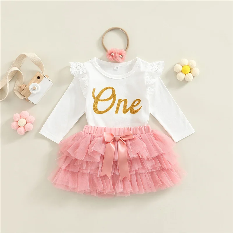 

Infant Baby Girl Ruffled Long Sleeve Romper + Skirt + Hairband, Letter Print Lace Mesh Patchwork Clothing Set, 6-18Months