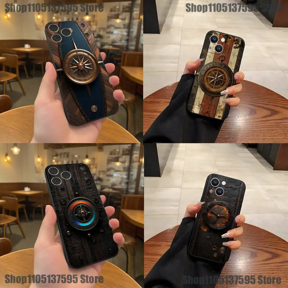 

Wood Compass Clock ART Phone Case For iPhone 17,16,15,14,13,12,11,Pro,XS,Max,XR,Plus,E,SE4,Mini Black Soft Cover