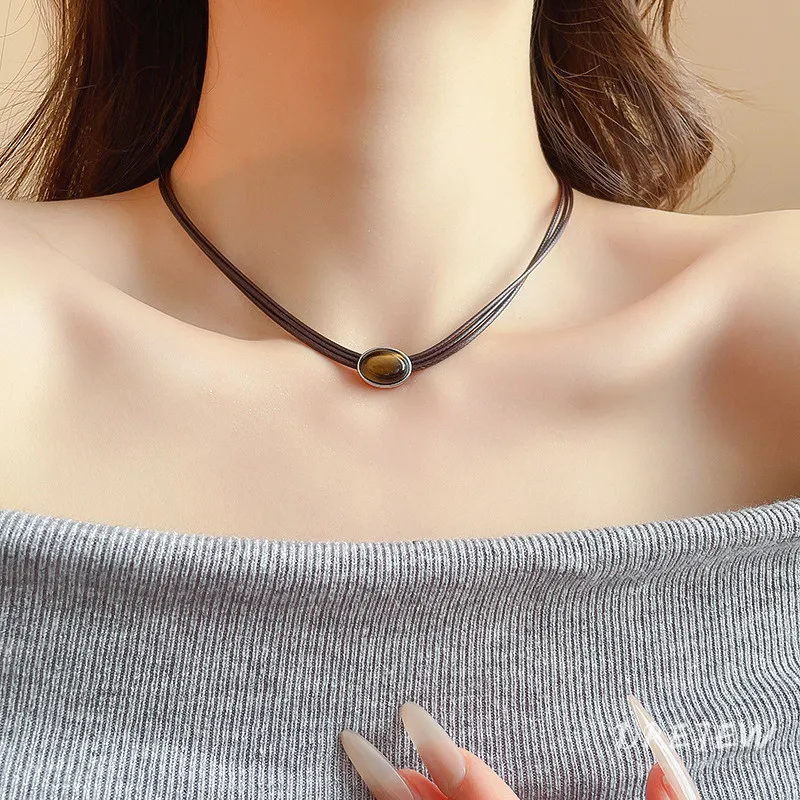 DREJEW Multi-layer Leather Rope Oval Tiger Eye Stone Necklace Versatile Retro High-end Clavicle Chain