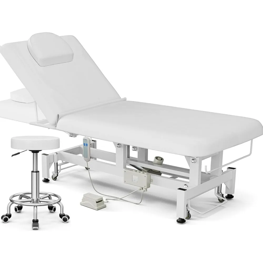 Electric Lift Massage Table Bed and Stool, Spa Facial Treatment Table w/Face Hole, Adjustable Backrest Medical Table