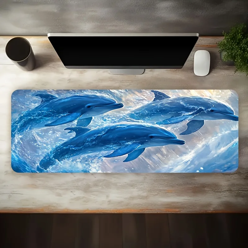 Large sports game mouse pad blue dolphin artistic pattern, anti-slip, rubber deskmat office desk accessory PC desktop decoration
