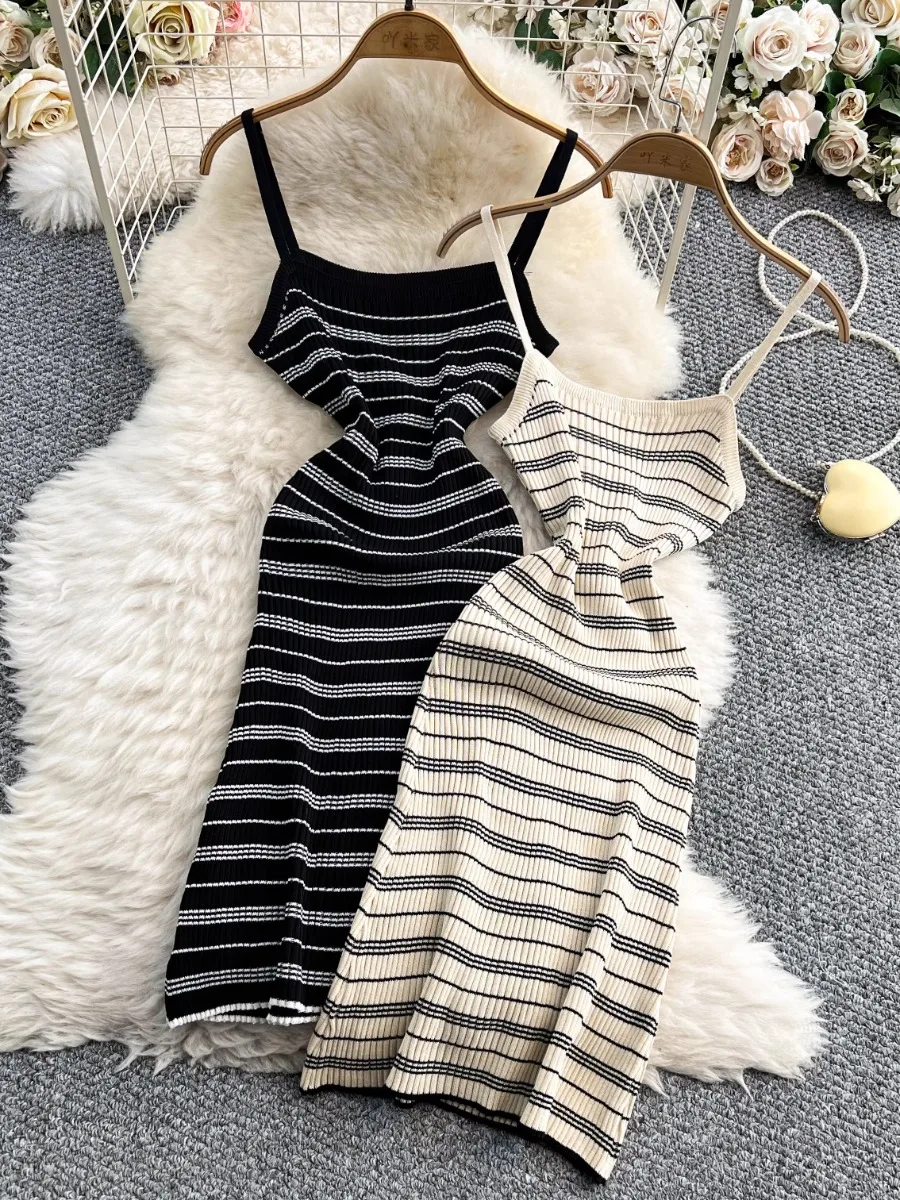 Foamlina Elegante abito sottoveste in maglia a righe francesi da donna 2025 Abito estivo elastico slim fit aderente midi lavorato a maglia con canottiera