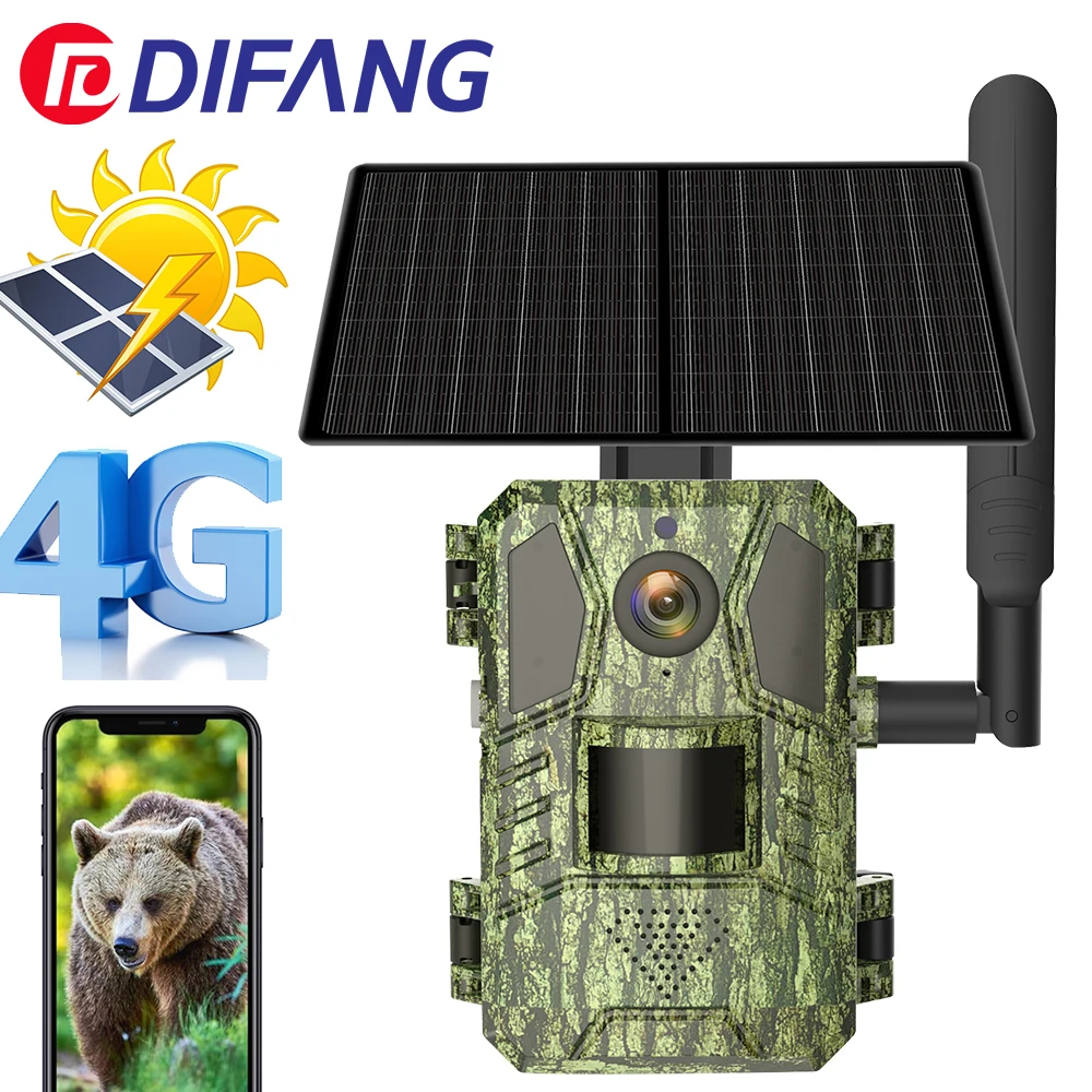 DIFANG 4G lte Cellular Wild Trail Cameras Solar Powered, Color Night Vision, Trigger Motion Activated Wide-Angle Hunting Camera