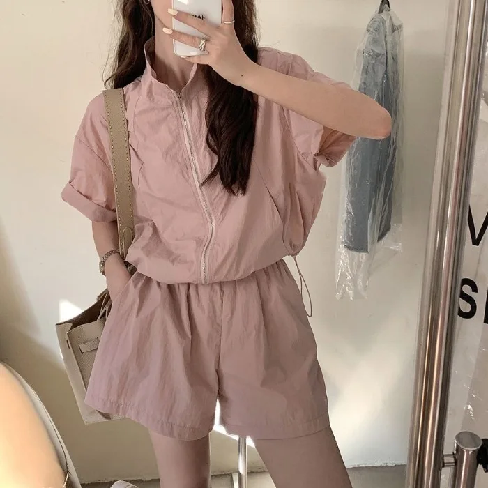 Casual Sportswear Set Women's Summer New Loose Lightweight Pink Sun Protection Clothing Shorts Two-Piece Set Fresh Sweet Style