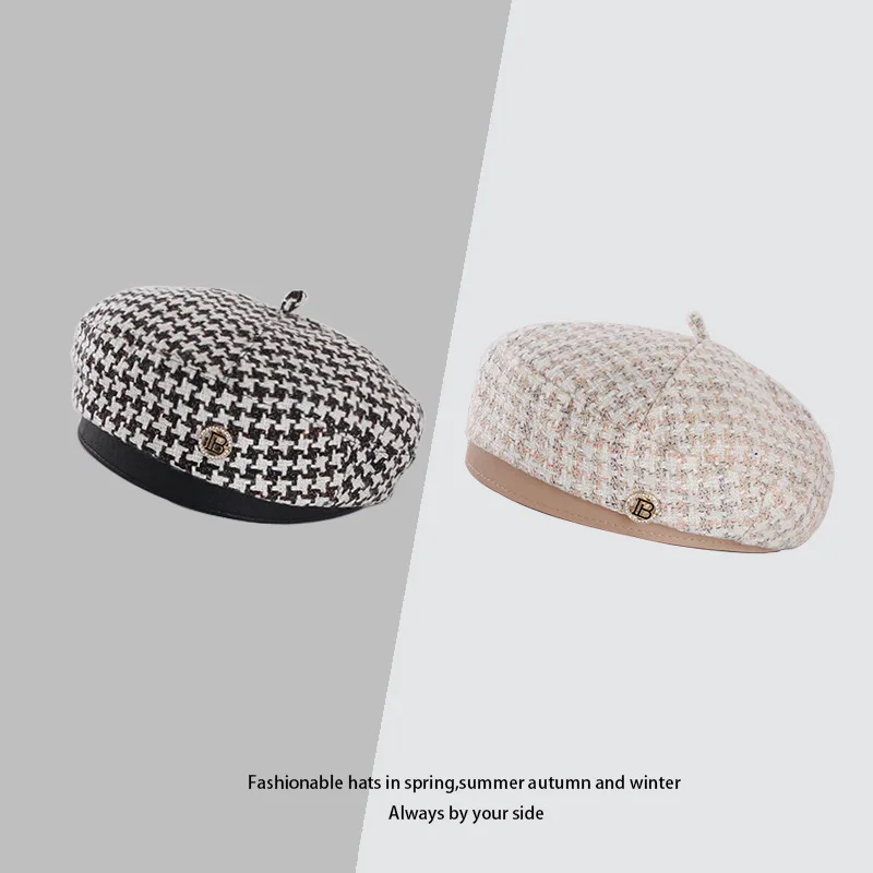 K244 Women's Hat Beret New Fashion All-match Houndstooth Female British Retro Octagonal Hat Painter Hat Autumn Women's Kepi
