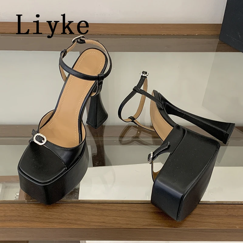 Liyke New Fashion Crystal Buckle Ankle Strap Platform Sandals Women Square Head White High Heels Wedding Banquet Shoes Size 40 image 4