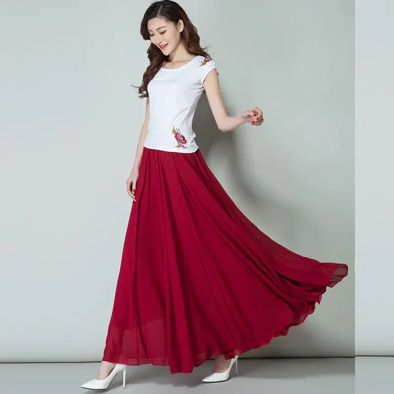 New Summer Chiffon Skirts Plus Size Full-Length Skirt High Waist Elegant Dance Skirt Pink Black Red Navy Blue White Long Skirts