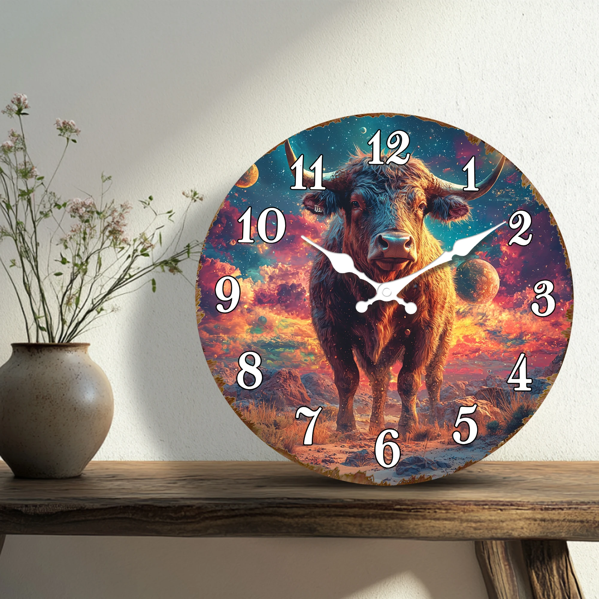 Cosmic Bull in Galaxy Wall Clock - Surreal Space Universe Decor, Fantasy Starry Night Art Timepiece