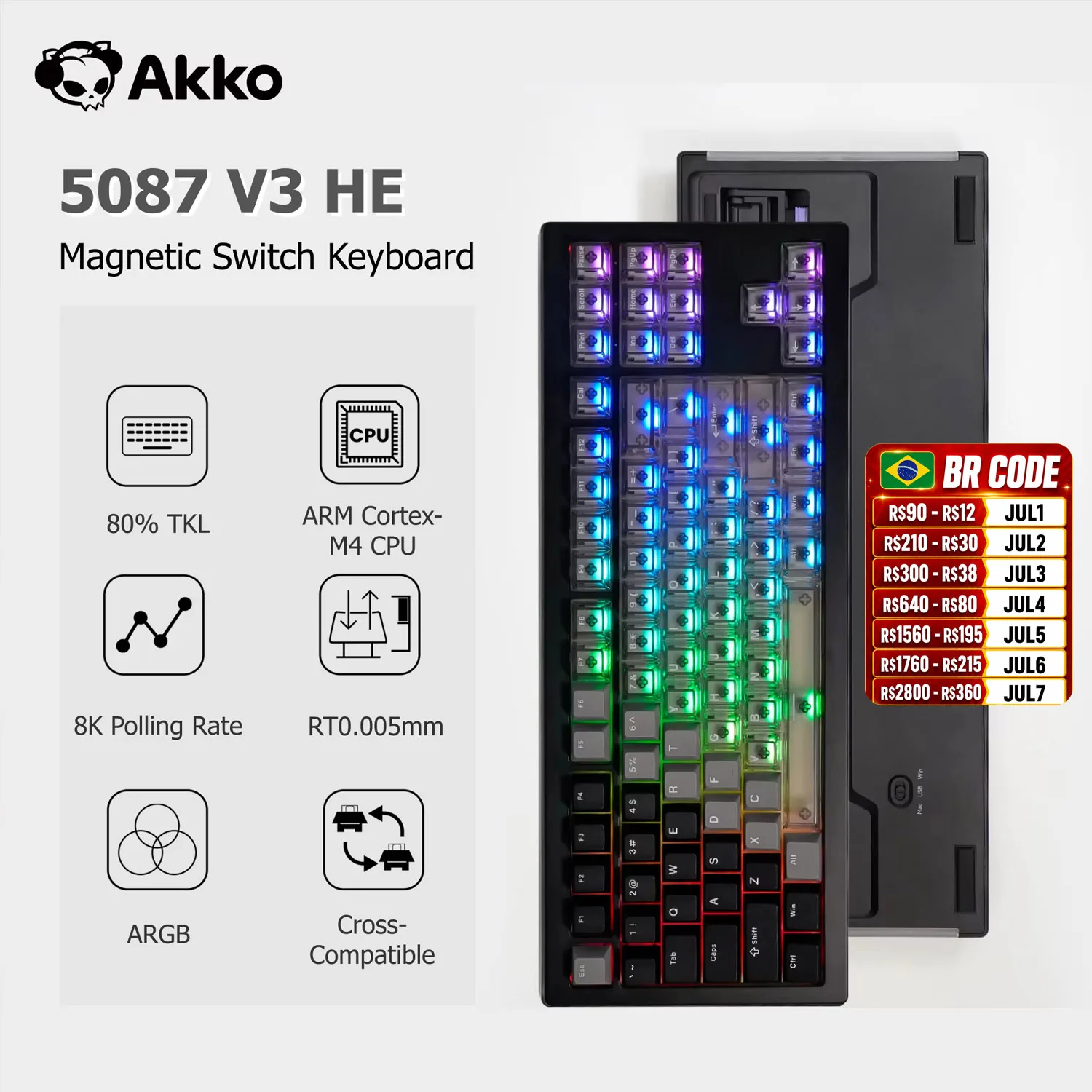 Akko 5087 V3 HE Magnetic Keyboard 80% TKL Layout Rapid Trigger 0.005mm 8K Polling Rate TypeC Wired Custom Gaming Keyboard
