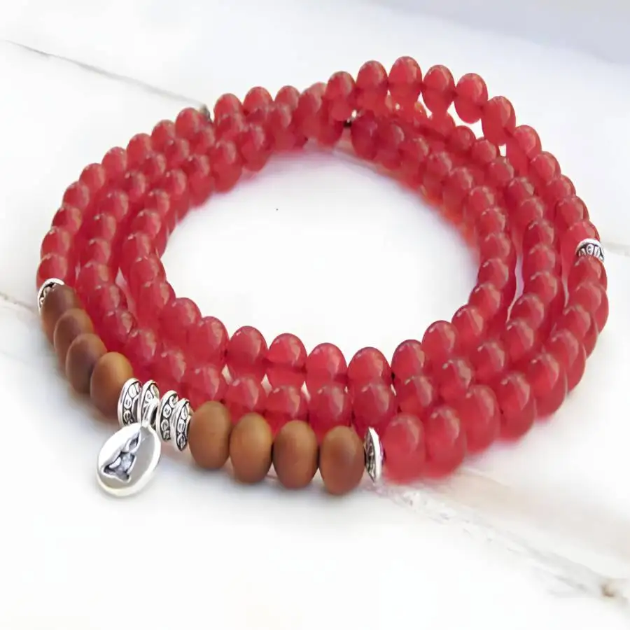 

6mm Red Jade Gemstone Sandalwood 108 Beads Mala bracelet Bead Bodhi Mala Women Sacred Chakra Prayer elastic Nirvana Bohemian