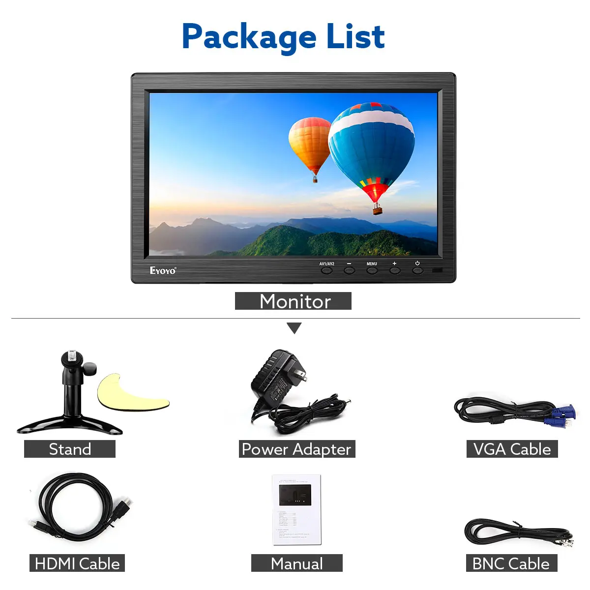 Imagem -06 - Eyoyo 10 Polegada Monitor de Exibição Hdmi Tela Lcd com Suporte av Vga Bnc Entrada de Vídeo para Cctv Dvd Dvr Pequena tv com Alto-falante