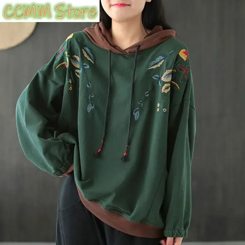 Fashion Hooded Pockets Folds Embroidery Hoodies Female Clothing Autumn New Casual Tops Loose Commute Sweatshirts