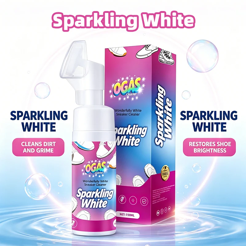 OGAS Sparkling White Sneaker Cleaner Foam, Built-in Brush No Rinse White Shoe Cleaner, Remove Stains Yellowing Scuffs, Gentle Formula for Leather Mesh Sneakers 150ml