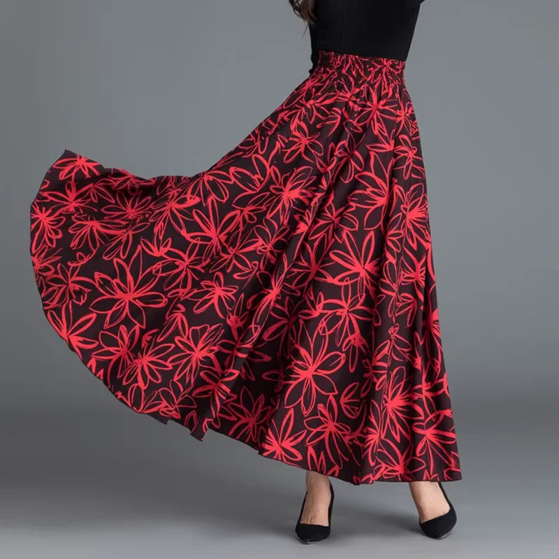 Elegant plus Size Red flowers Maxi Skirts for Women XXXXL 4XL 5XL 6XL Long Fashion Skirts 2025 Women's Clothing