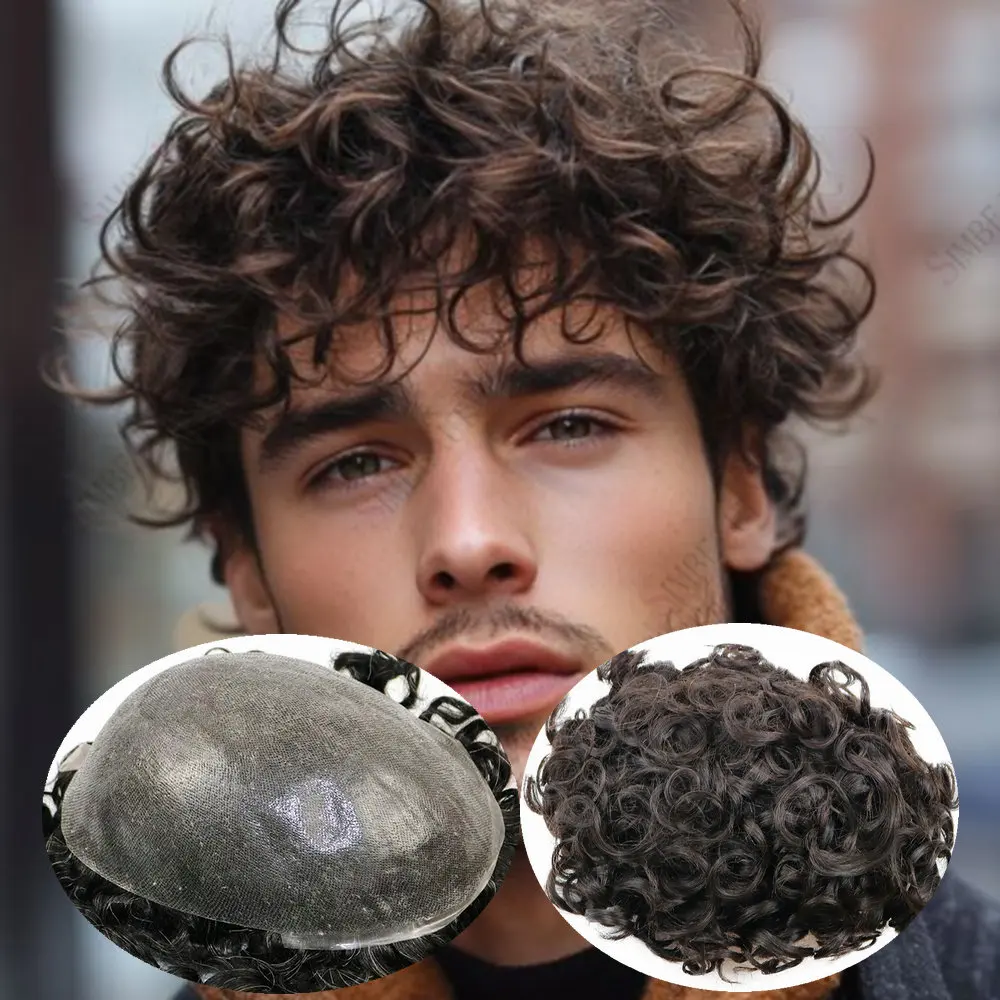 

26mm Curly Vlooped Men Toupee Human Hair Invisible Hairline 0.06mm Thin Skin Base Brown Blonde Men's Capillary Prothesis System