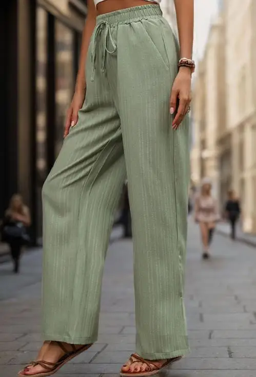 

Women's Pants 2026 Summer Loose New High Waisted Textured Lace Up Waist Versatile Straight Leg Pants Suitable for Daily Outings