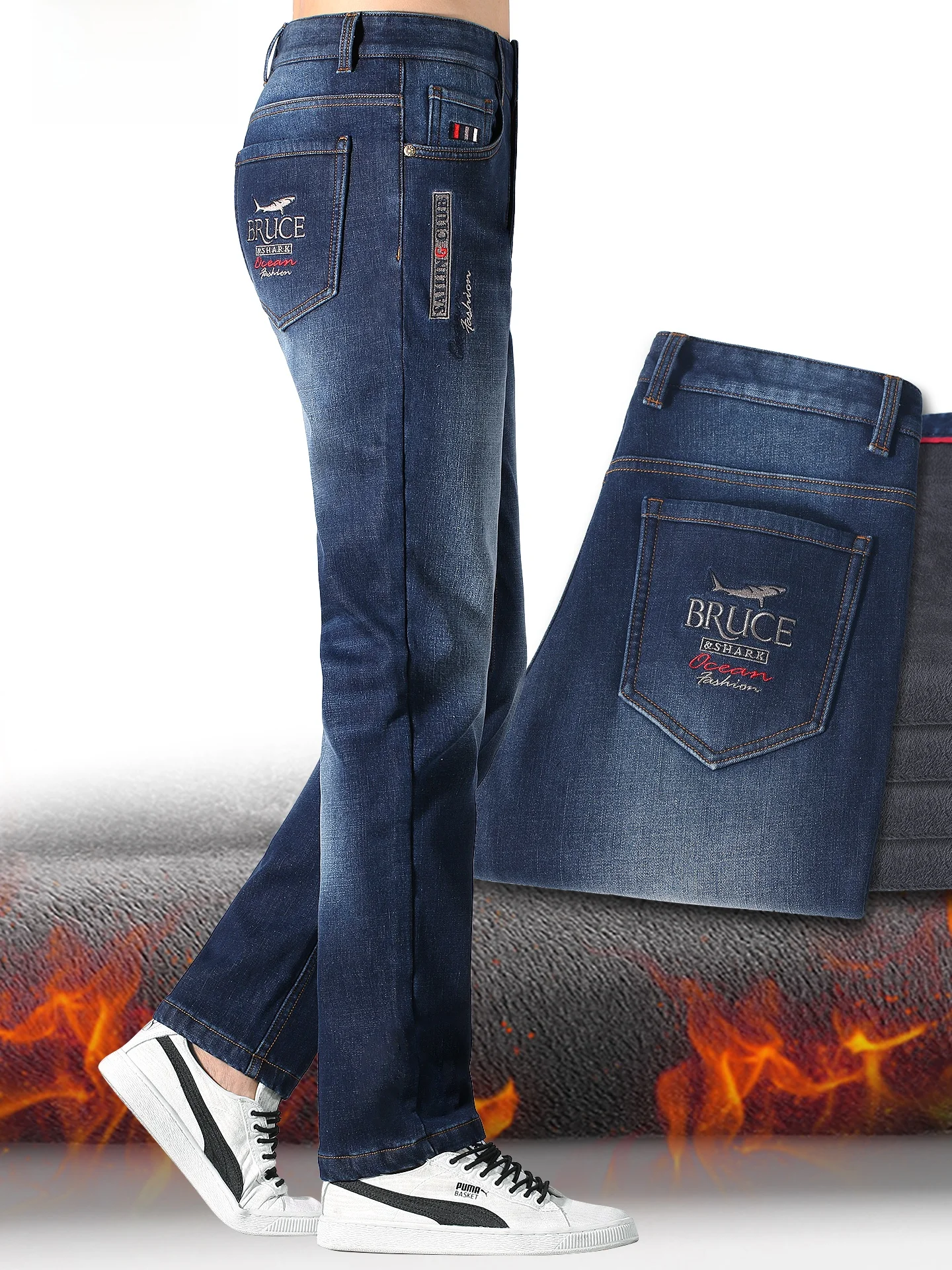 

Men's Fleece Lined Thickened Denim Jeans Straight Leg Pants Winter Warm Casual Wear Embroidered Bruce & Shark Brand