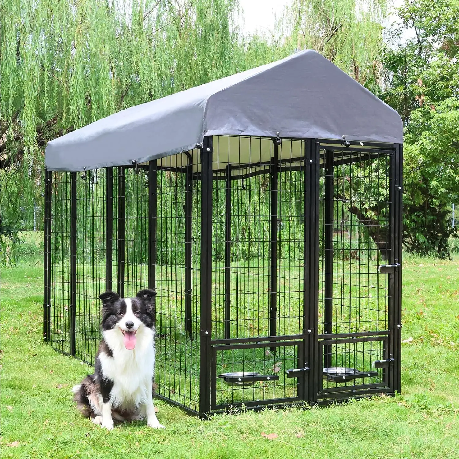 Large Metal Dog Kennel with Roof & Rotating Bowl Holders, Heavy Duty Outdoor Dog Enclosure with 4mm Wire, 8x4x6 ft, Customized