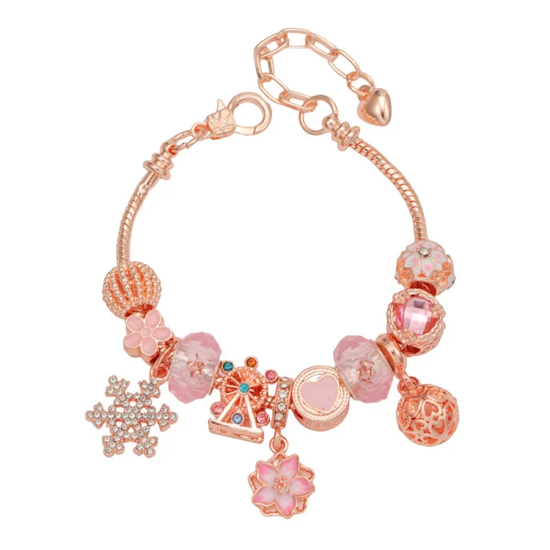 Cherry Blossom Pendant Bracelet With Pink Sakura & Crystal Beads, Brand Bracelet for Women Bangle Great Festival Gift