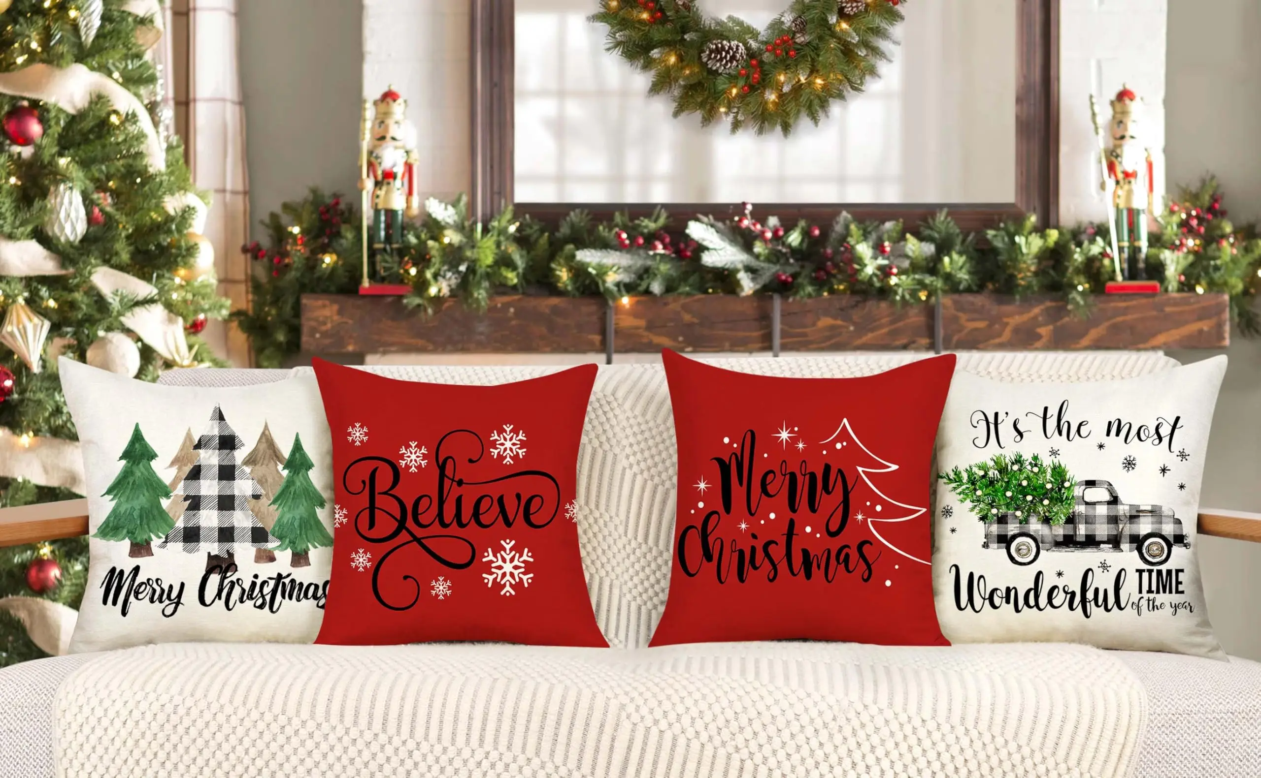 Christmas Pillow Covers Set of 4 Red White Farmhouse Xmax Decorations Winter Holiday Decor Throw Cushion Case for Home Couch