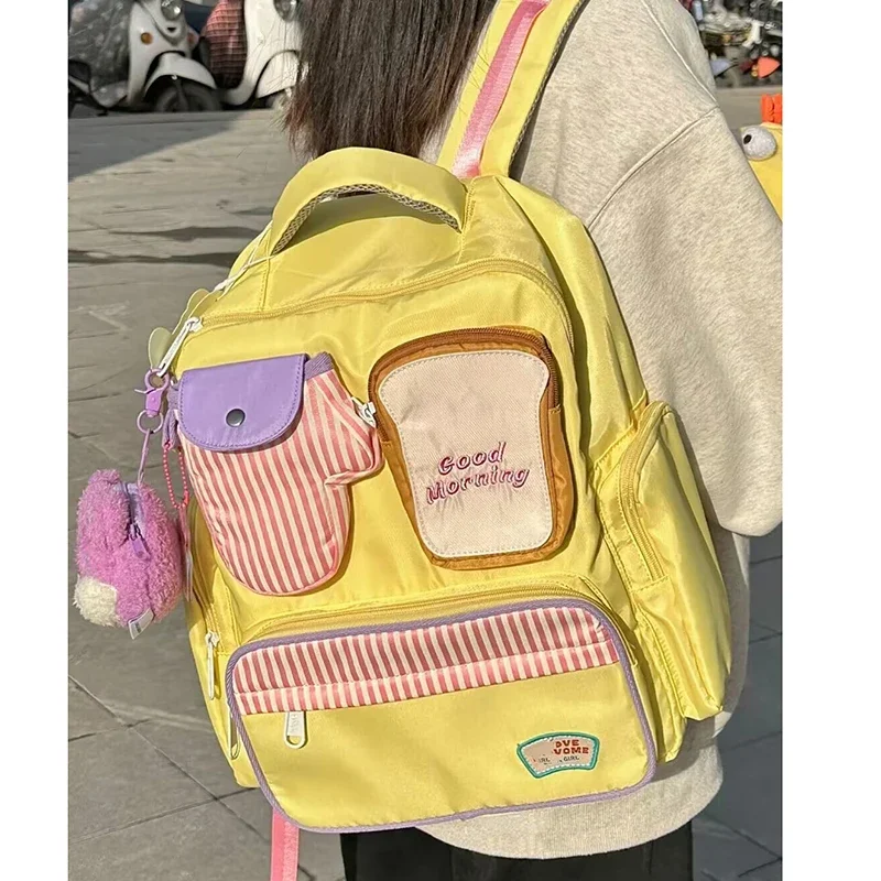 HAEX Kawaii Women Backpacks Cartoon Toast Patchwork Large Capacity Students Mochilas Para Mujer High School Aesthetic Girls Bags